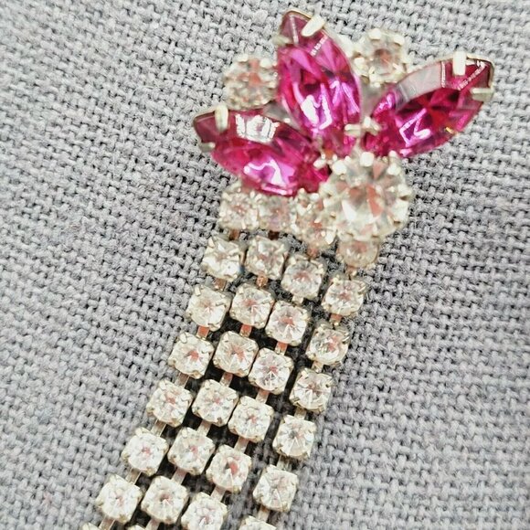 Vintage Rhinestone Drop Dangle Earrings Pink & Clear 2.25" Left Ear Right Ear - Picture 3 of 7